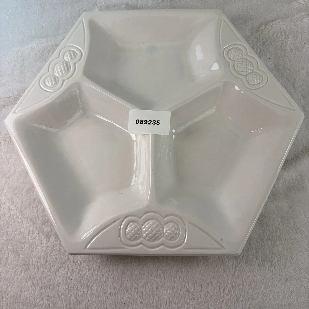 Vintage 60s California Pottery White Hexagon Divided Serving Dish L 204 MCM USA